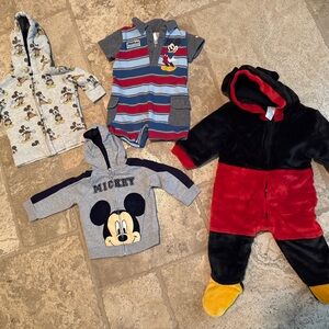 Lot of Disney clothes. Red and Black Fleece, 2 hoodies, Mickey jumper 12-18 mo